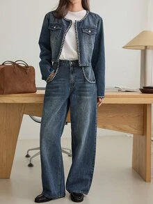 DAZY Women's Open Front Long Sleeve Jacket And Pants Casual Daily Denim Set - Medium Wash - View 5