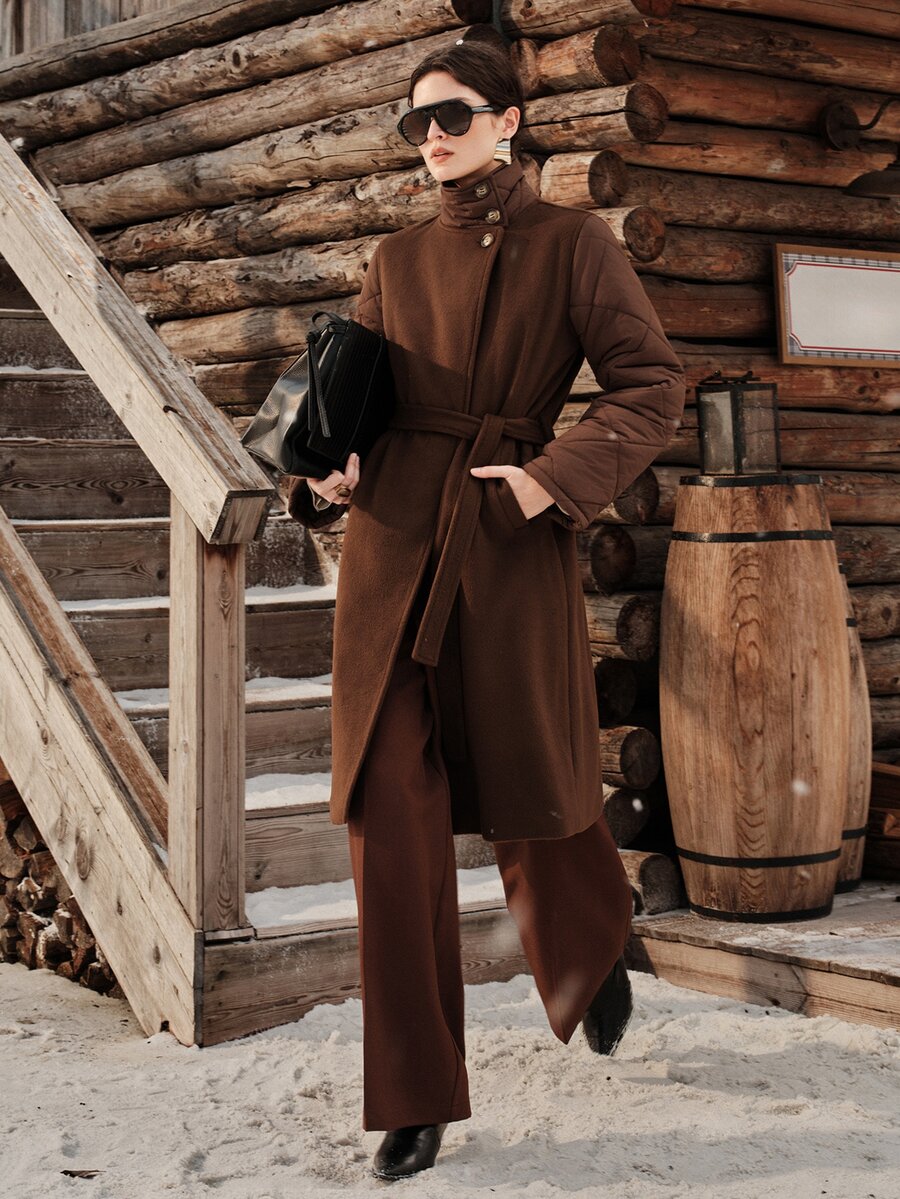 Anewsta Winter Coffee-Colored Wool Blend Patchwork Padded Long Coat With Stand Collar - Coffee Brown - View 1
