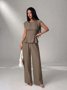 SHEIN PETITE Women's Solid Color Pleated Top And Pants Casual Daily 2 Pieces Set - Coffee Brown - View 7