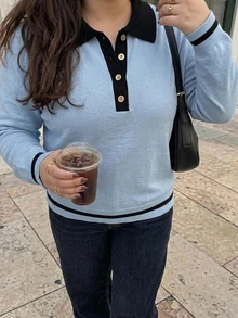 Livesso 趣味配色拼接 Polo 領休閒短袖大尺碼女款春夏針織上衣 - 淺藍色 - 查看 6