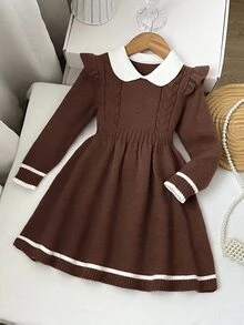 SHEIN 女童休閒簡約舒適彼得潘領撞色拼接針織洋裝，適合秋冬、校園及其他場合，學院風，假日穿搭 - 咖啡棕 - 查看 5