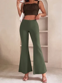 SHEIN PETITE 女款素色休閒百搭日常穿著喇叭褲 - 軍綠色 - 查看 4