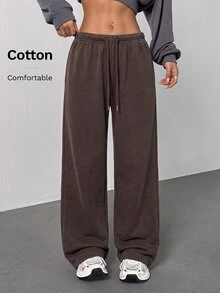 SHEIN PETITE Women's Casual Streetwear Athleisure Low-Waist Straight Sweatpants Suitable For Summer Washed Wide Leg Comfy Oversized Lounge Work Petite Dark Grey - Coffee Brown - View 8