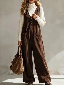 SHEIN Maillard Style V-Neck Corduroy Overall Jumpsuit For Women, Front Button Closure, Large Pockets, Loose Wide Leg, Sleeveless Long Pants - Brown - View 5