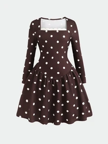 SHEIN Tween女孩秋冬休閒法式優雅棕色與白色波點印花方領對比蕾絲長袖洋裝，適合返校、日常穿著、假期穿搭、秋冬疊穿 - 棕色 - 查看 2