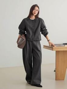 Dazy-Less Women's Solid Color Long Sleeve Single-Breasted Jacket And Pants Casual 2 Pieces Set - Grey - View 1