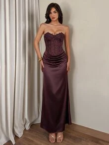 Glamine Đầm dài nữ ôm dáng thanh lịch, cúp ngực, phối ren tương phản và bèo nhún - Bụi vũ trụ đỏ - Xem 5