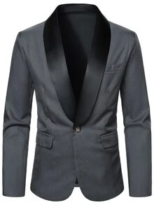 Manfinity Mode Setelan Jas Pria Kerah Syal Warna Polos dengan Kancing Depan, Blazer dan Celana Panjang, Gaya Klasik, Formal, Upacara - Dark Grey - View 4