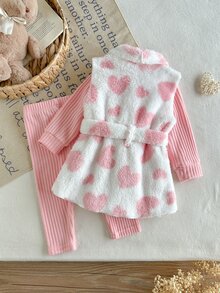 Setelan Bayi Perempuan 3 Potong Motif Hati Kotak-kotak Sherpa Fleece dengan Sabuk, Atasan Rajut Bergaris & Legging, Pakaian Hangat Musim Gugur dan Musim Dingin - Berwarna merah muda - View 2