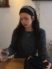 DAZY 女款蝴蝶結綁帶長袖拼色韓風針織衫 - 灰色 - 查看 5