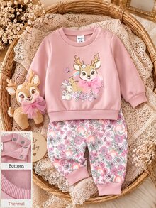 SHEIN Newborn Baby Deer Print Long Sleeve Sweatshirt And Floral Print Long Pants Casual Set - Pink - View 9