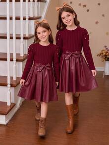 SHEIN Tween Girls Fall Winter Elegant Cute Patchwork Dress, Pearl Beaded Puff Long Sleeve Knit Top Bow Belted A-Line For Thanksgiving Party Formal - Burgundy - View 5