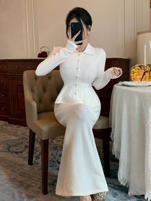 DAZY Women's Sweet Button Long Sleeve Sweater And Knitted Skirt 2 Pieces Set - White - View 5
