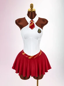 Amplova Halloween Magic Academy Style Cut-Out Waist Umbrella Skirt Cross Strap Backless With Lining Tie Neck Women's Fitted Mini Dress - Burgundy - View 3