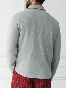 HUEFORM 男士灰色 Polo 衫，修身拉鍊款，老錢風條紋抓絨面料，秋冬款 - 灰色 - 查看 2