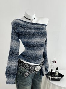 Elamini 女款黑色秋冬獨特不對稱肩拼接色塊條紋亮片針織毛衣，收腰喇叭袖，1件裝 - 藏蓝色 - 查看 6