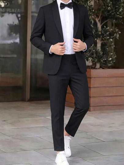 SHEIN Setelan Jas Anak Laki-Laki 2 Potong Warna Hitam Klasik dengan Kerah Blazer dan Celana, Pakaian Formal Pria, Gaya Sekolah Elegan Klasik Vintage Kasual, Cocok untuk Musim Semi, Musim Panas, Musim Gugur, Musim Dingin, Pernikahan, Kembali ke Sekolah, Pesta, Perayaan