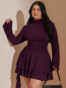 SHEIN BAE CURVE 大尺碼女款棕色荷葉邊優雅洋裝，秋冬純色長袖層次感迷你洋裝，荷葉邊下擺，內建胸墊 - 紫紅色 - 查看 7