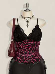 SHEIN ICON 女款大尺碼蕾絲拼接豹紋細肩帶背心 - 彩色 - 查看 7