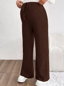 SHEIN 純色前綁帶簡約休閒孕婦長褲 秋季 - 咖啡棕 - 查看 5