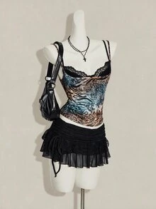 SHEIN ICON 女款豹紋透視細肩帶上衣搭配黑色蕾絲內衣 2件組 - 彩色 - 查看 4