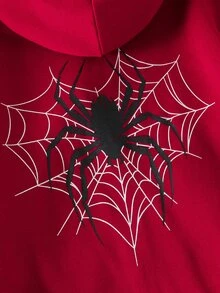 SHEIN Wine Red Spider Girls' Hooded Zip Jacket For Autumn And Winter - Mixed Street Style, Sweatshirt Style, Long Sleeve, Fleece Material, Autumn Apparel, - Red - View 7
