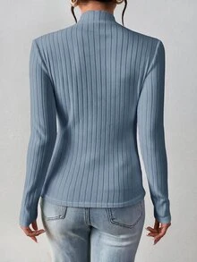 SHEIN Frenchy 女款休閒極簡風灰藍色 93% 棉羅紋修身長袖高領打底 T 恤，適合秋冬穿著 - 霧霾藍 - 查看 2