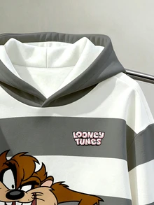 LOONEY TUNES X SHEIN Daypath 男士字母條紋長袖休閒連帽衛衣 - 灰色 - 查看 4