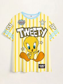 LOONEY TUNES X SHEIN Plus Size Women's Letter Striped Round Neck Short Sleeve Casual T-Shirt - White - View 4