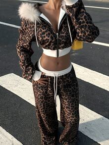 SuriyaCove New Leopard Print Hooded Fur Collar Sweatshirt Jacket & Leopard Print Casual Long Pants 2pcs Set - Multicolor - View 1