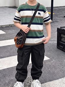 Tween Boy Striped Color Block Pony Graphic Digital Print T-Shirt And Cargo Pants Set, Casual Sports Style - White - View 1