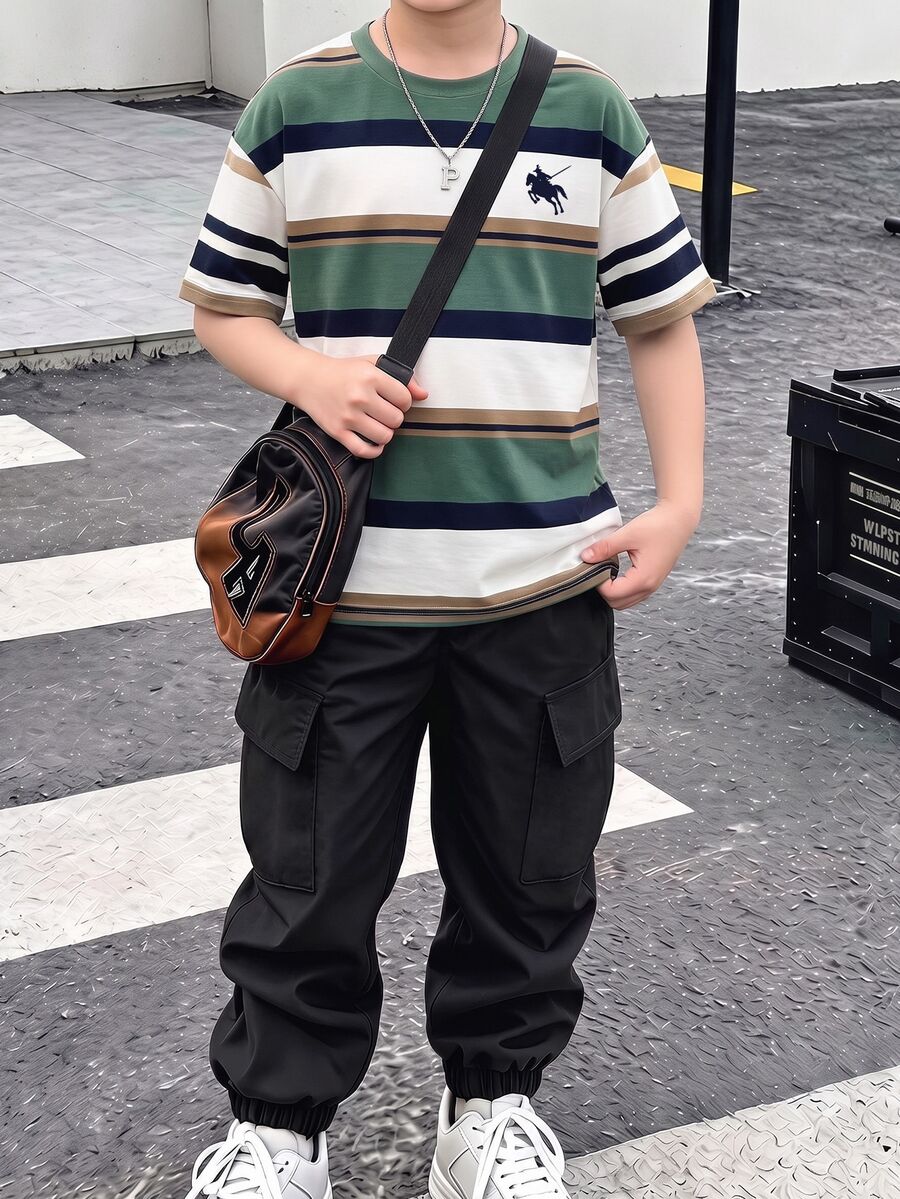 Tween Boy Striped Color Block Pony Graphic Digital Print T-Shirt And Cargo Pants Set, Casual Sports Style - White - View 1