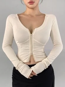 DAZY Dam T-shirt i enfärgat med dragkedja, casual för vardag, resor och sport - Beige - Visa 4