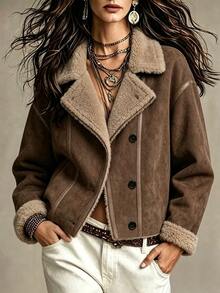 LUMIGAL Women's Autumn/Winter Long Sleeve Thermal Lined Single-Breasted Casual 90s Retro Loose Fit Jacket Everyday Hiking Brown - Brown - View 6