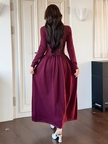 Feyla Women's Geometric Pattern Button Half-Placket Long Sleeve Knit Dress - Burgundy - View 2