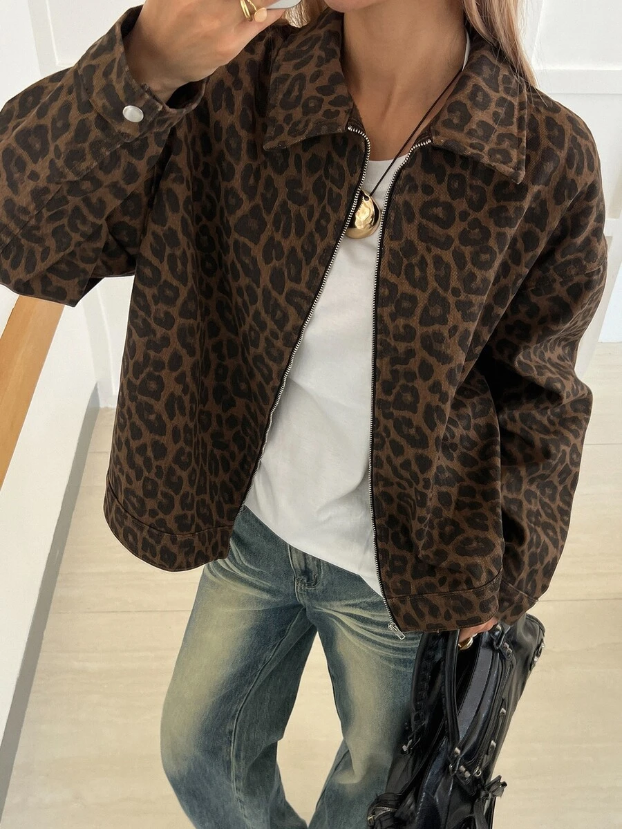 Livesso Women's Leopard Print Loose Casual Denim Jacket - Coffee Brown - View 1