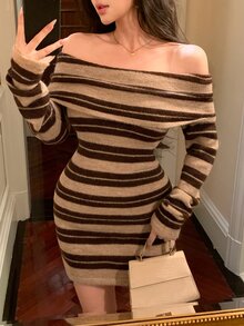 DAZY Women's Square Neck Striped Elegant Short Sweater Dress - Khaki - View 1