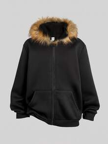SHEIN جاكيت كارديجان بغطاء رأس فرو كاجوال للفتيات المراهقات، ديكور أطفال، أسود سادة، خريف/شتاء - الأسود - مشاهدة 3