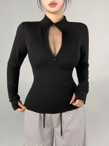 DAZY Women's Casual Half-Zip Long Sleeve Sports T-Shirt - Black - View 2