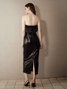 MOTF PREMIUM DETACHABLE FUR COLLAR STRAPLESS PU FITTED SLIT LONG DRESS - Dark Red - View 5