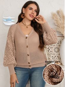 EMERY ROSE Plus Size Women's Solid Color Casual Versatile Daily Outing Cardigan Fall Winter 2026 Khaki Cardigan Casual Autumn And Winter Sweater - Brown - View 2