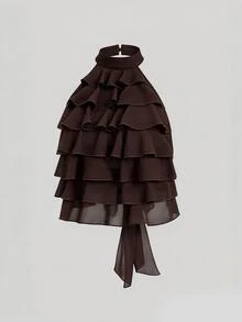 Sweetra Women's Plus Size Summer Fashion Versatile Multi-Layer Ruffle Hem Back Cutout Tie Chiffon Round Neck Sleeveless Short Blouse - Coffee Brown - View 3
