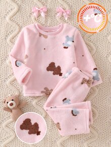 2pcs Baby Girl Comfortable Soft Plush Pink Cute Bear & Pony Animal Print Crew Neck Long Sleeve Pants Pajama Set - Pink - View 4