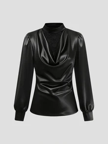 LUMIGAL Women's Solid Color Cowl Neck Contrast Lace Fashion Top - Black - View 3