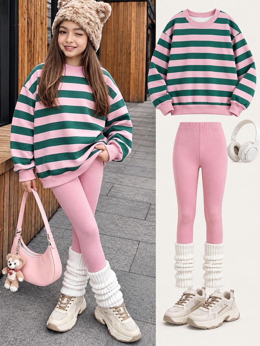 Tween Girl Pumpkin Print Long Sleeve Sweatshirt And Leggings Set - Multicolor - View 1