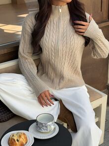 Autumina Women's Casual Knit Cardigan Sweater, Solid Color Hooded Zip-Up Jacket, Suitable For Autumn/Winter Wear - Khaki - View 5