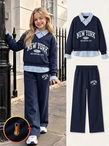 Tween Girls Fleece Lined 2-In-1 College Sweatshirt & Wide Leg Pants Set - Navy Blue - View 1