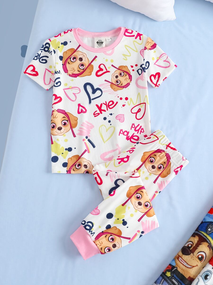 SHEIN | PAW Patrol 女童心形印花短袖上衣與長褲居家服套裝 PAW Patrol - 淺粉色 - 查看 1