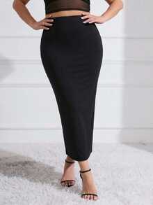 SHEIN VCAY Plus Size Women's Black Elegant Fitted Pencil Skirt - Black - View 6