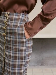 MOTF PREMIUM WOMEN'S VINTAGE PLAID RIBBON TRIM SLIT HEM ELEGANT SKIRT - Multicolor - View 3